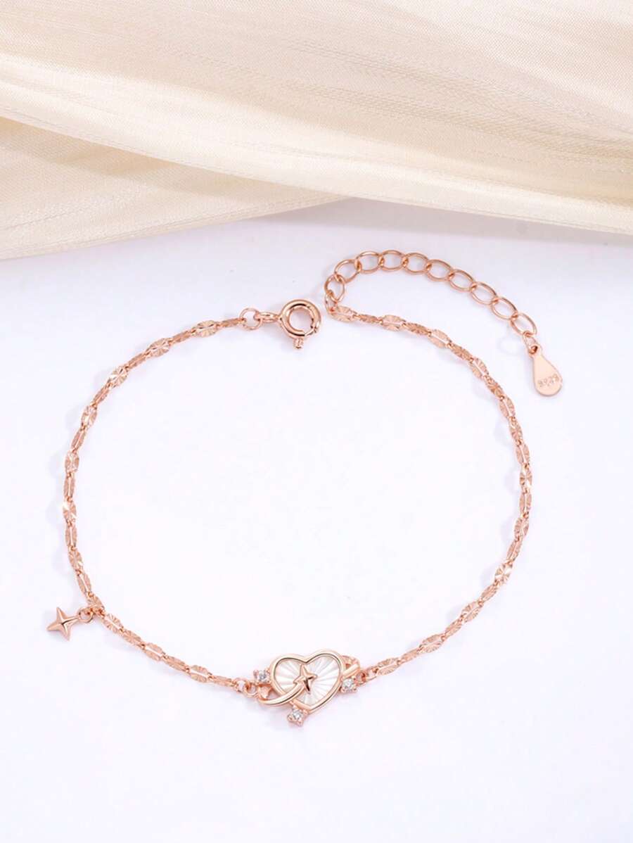 1 pieza Brazalete de plata de ley 925 con forma de corazón, color oro rosa/madreperla blanca