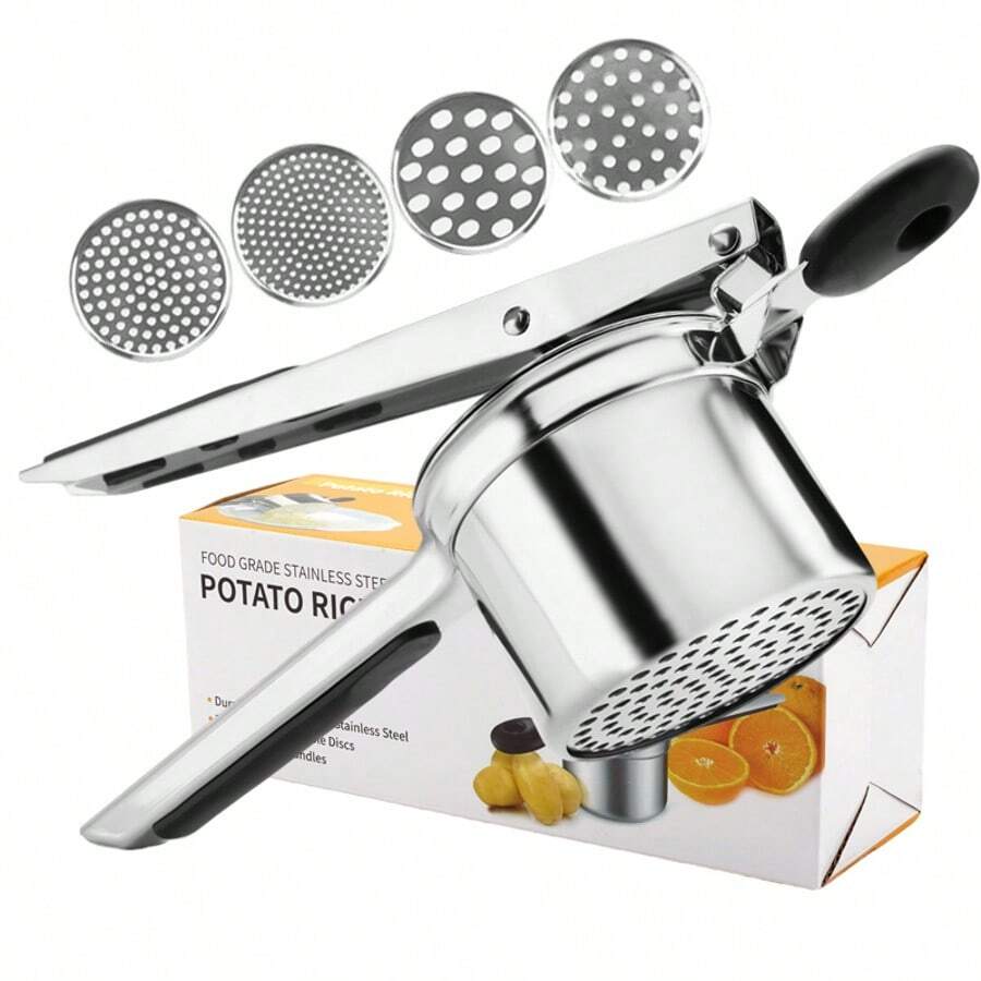 1 Stück Edelstahl Kartoffelpresse & Reiskocher Küchenwerkzeug, Kartoffelpresse mit großer Kapazität und 4 austauschbaren Scheiben für Kartoffelpüree