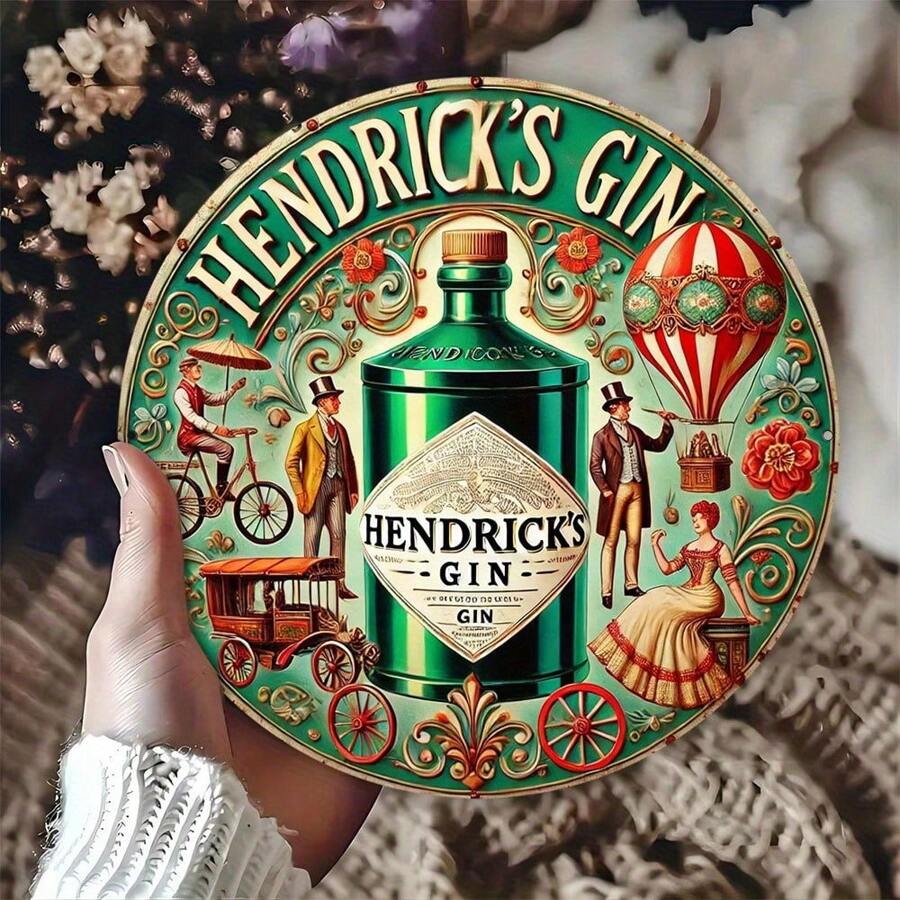 Vintage Hendrick's Gin 20,32x20,32cm Rond Metalen Bord - Wandkunst Voor Thuis, Kantoor, Bar & Koffiehuis Decor - Perfect Binnen/Buiten Cadeau, Perfect Voor Kamerdecoratie