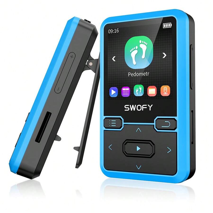 جهاز تشغيل MP3 قابل للتثبيت سعة 32 جيجا بايت مع بلوتوث 5.0، جهاز تشغيل موسيقى SWOFY M10، يدعم بطاقة TF حتى 128 جيجا بايت، مناسب للرياضة، راديو اف ام، خاصية عداد الخطوات، تشغيل عشوائي للصوت