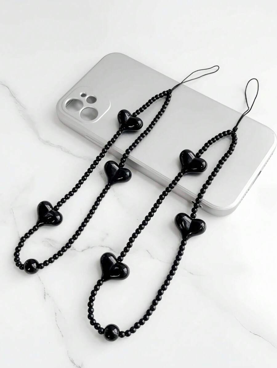 1pc New Fashionable Mobile Phone Hanging Rope Short Style Female Creative Black Heart Beaded Phone Chain Accessories Earphone Bag Decoration Suitable For Giving Girlfriend Holiday Gifts