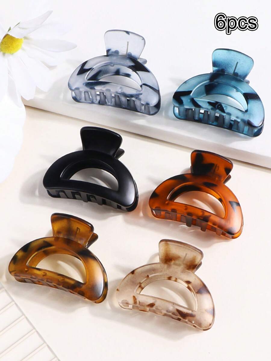 6pcs Transparent Frosted Semicircle Geometric Leopard Print Hair Clips, Simple Casual ABS Plastic Hair Accessories For Women