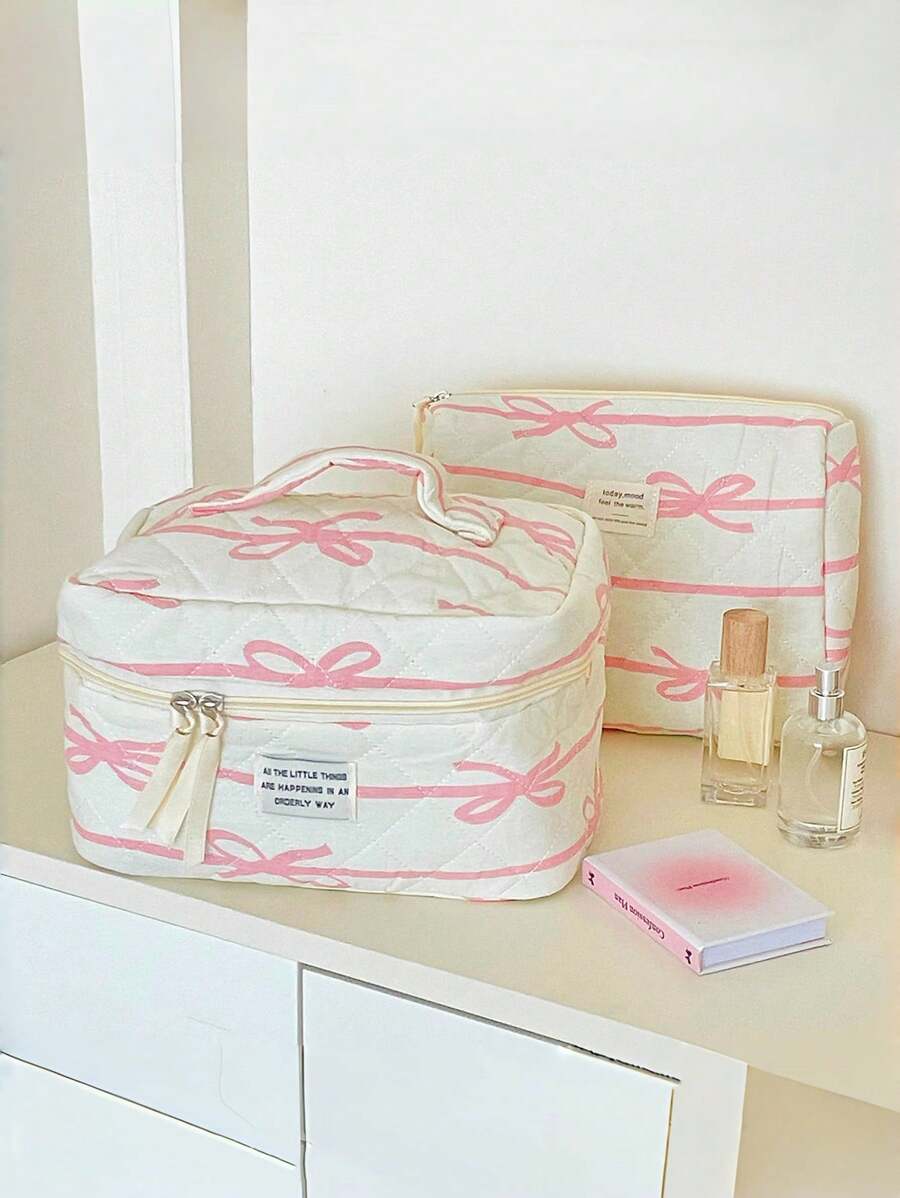 1 Pc Korean Style Pink Bowknot Makeup Bag Travel Large Cosmetic Storage Bag Portable Washing Bag