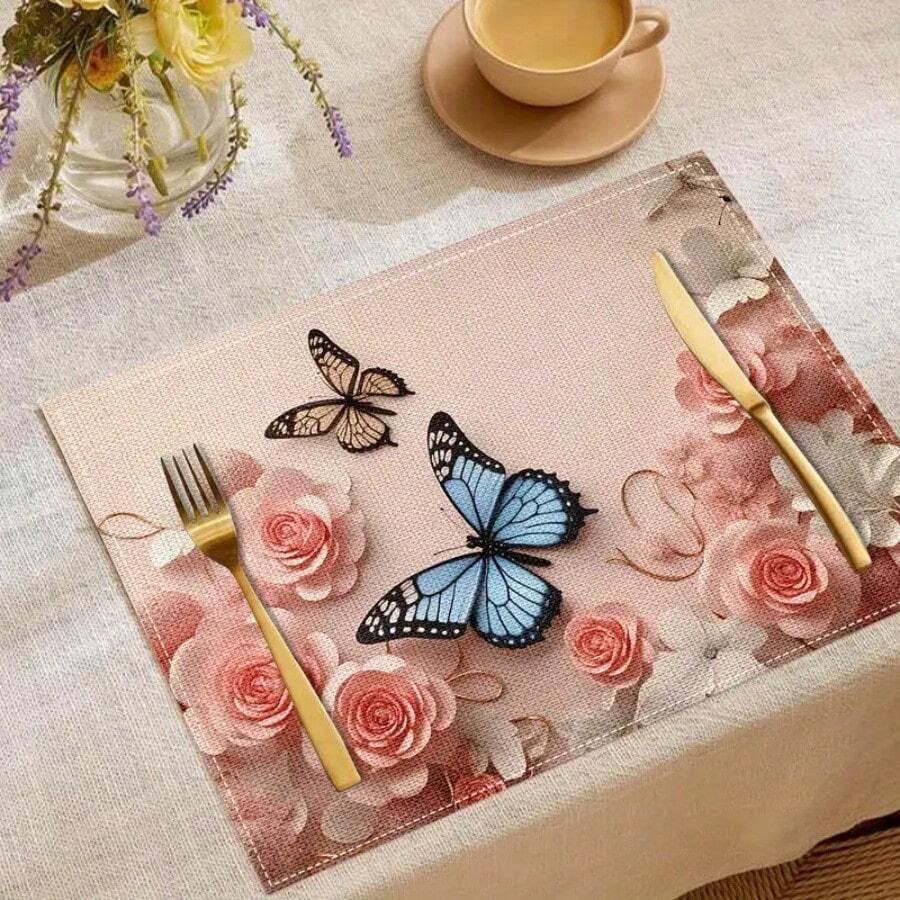 1/4/6-Piece Spring Table Placemats, Designed With Beautiful Flowers And Butterflies, Woven From 100% Polyester Fiber, Machine Washable Polyester Placemats, Heat-Resistant, Stain Resistant, Waterproof, Easy To Clean, Suitable For Desktop Decoration, Holiday Party Decoration, Desktop Protection, Can Be Used As Gifts, Household Items, Kitchen Supplies, And Spring Interior Decoration.
