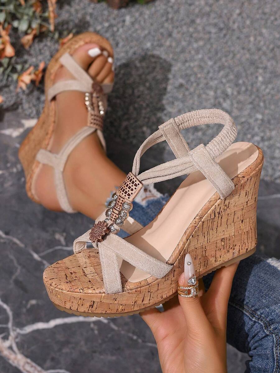 Women Thick Sole Platform Wedge Sandals, Criss-Cross Strap Design, Open Toe, Casual, Fashion, Daily Wear, Beach Vacation Sandals, Summer Essential, Lightweight & Comfortable, Women Leisure Shoes, Holiday Travel Shoes, Festival Celebration Footwear, New Summer Style, Popular , Fashion Sandals, Elements, Wedge Sandals Recommended