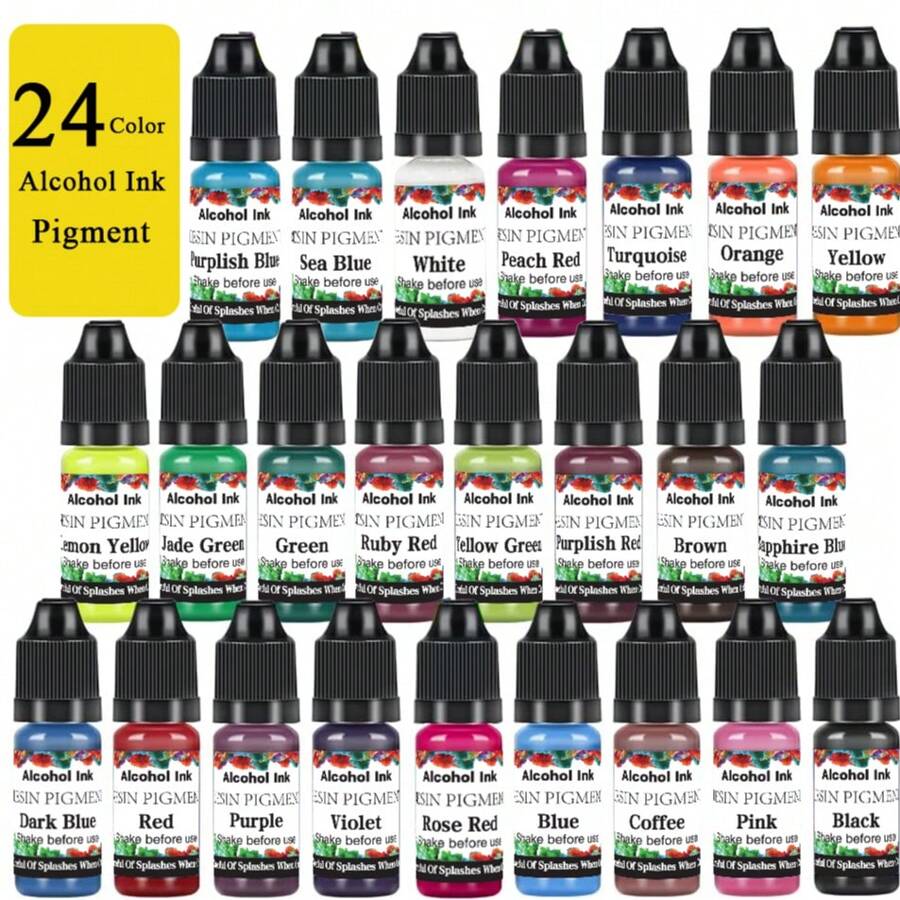 Ensemble d'encres à l'alcool de 24 couleurs, encres concentrées à base d'alcool, peinture époxy résine avec teinture de couleur métallique pour dessous de verre en résine, peinture acrylique, fabrication de gobelets, 10 ml chacun