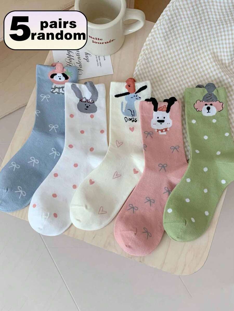 5 Pairs Women's Assorted Color Animal Pattern Mid-Calf Socks, Fashionable Versatile, Soft & Comfortable For Everyday Wear