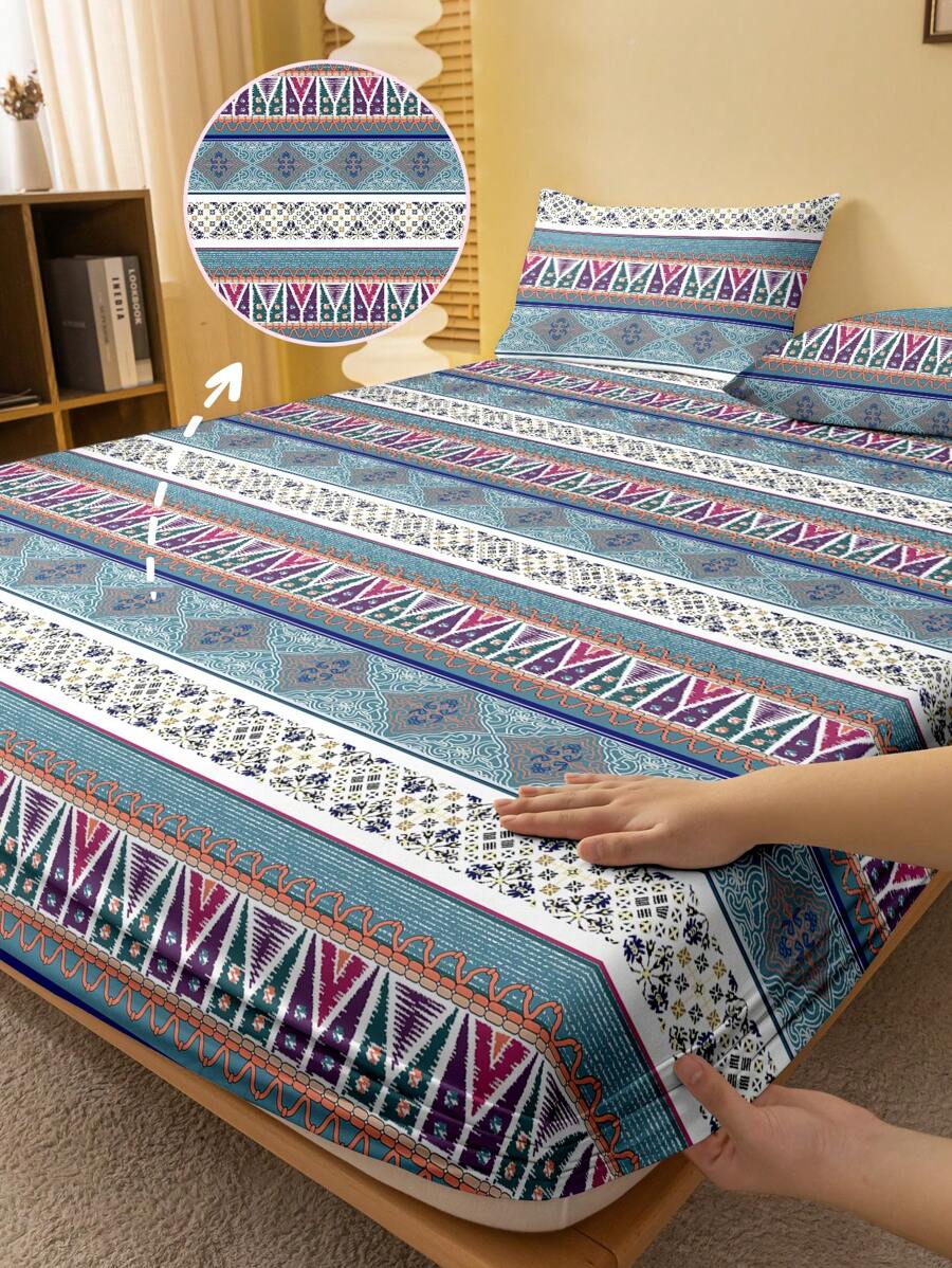 1 pièce Drap-housse imprimé de motif bohème lavé, Housse de couette imprimée pour chambre à coucher, Protège-matelas, Protège-matelas, Housse anti-poussière, Ensemble de literie (taie d'oreiller non incluse)