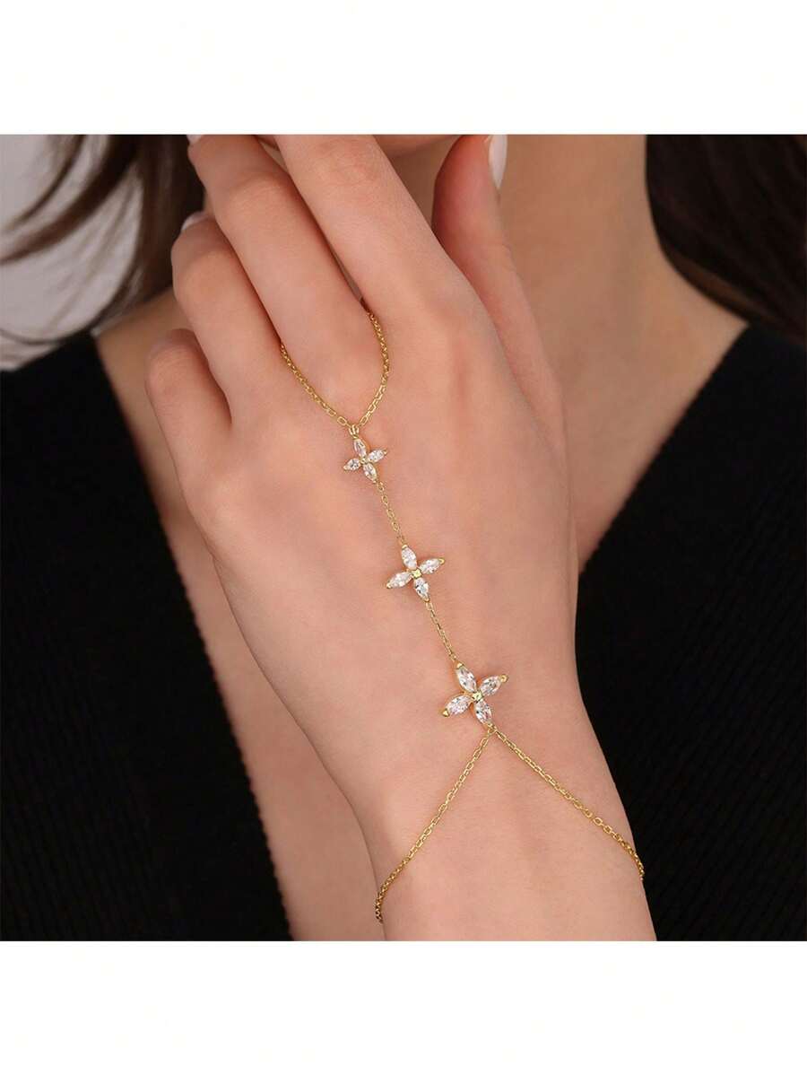 1 pieza Brazalete con anillo floral conectado, decoraciones elegantes y versátiles de cadena de mano con zirconia sintética para mujeres
