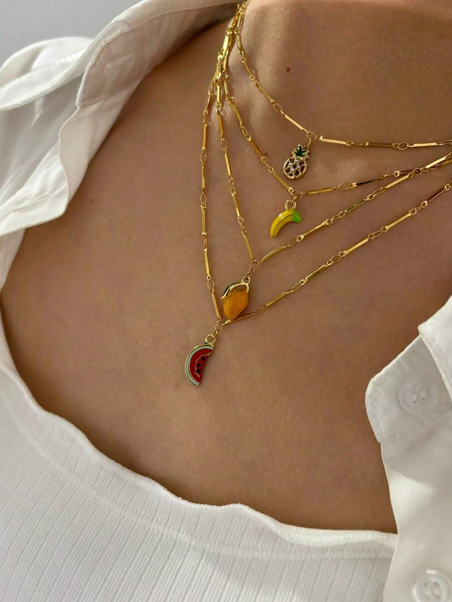 Monlansher 1 pezzo Collana da donna in acciaio inossidabile con pendente fatto a mano a goccia di smalto a forma di frutta, design alla moda, fresco e carino, stilosa e versatile per uso quotidiano