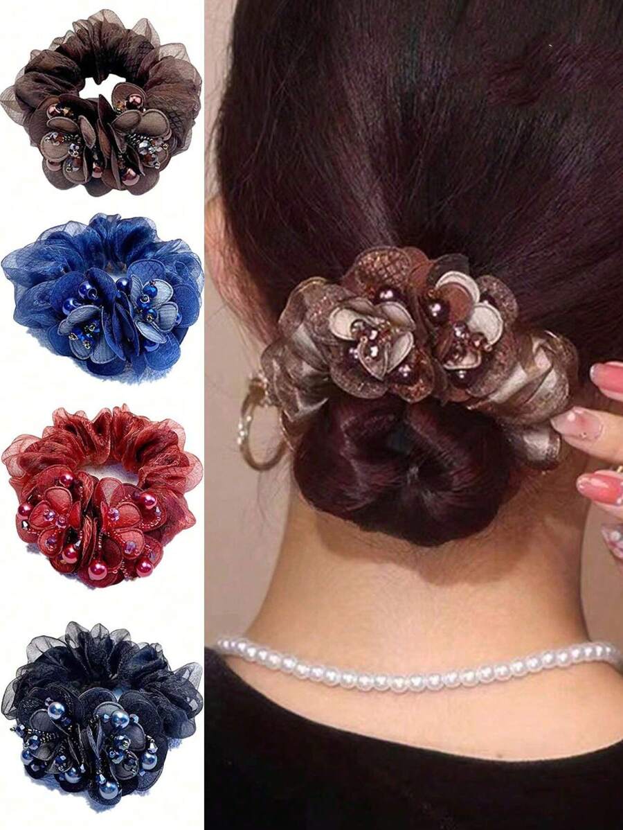 1pc Elegant Floral Double-Layer Large Hair Scrunchie, High Elasticity Hair Tie, Suitable For Women's Daily Use And HairstylingScrunchiesscrunchy Hair Ties