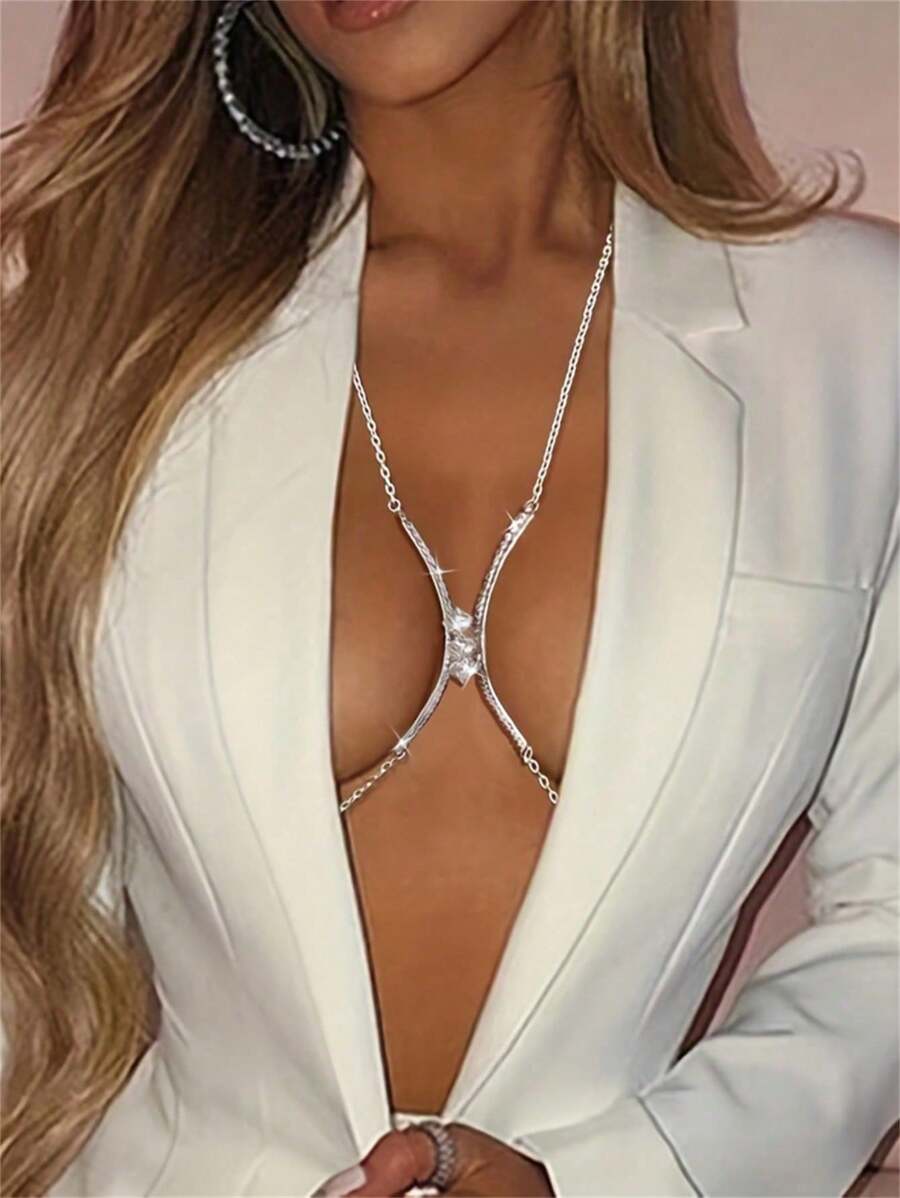 Colar com corrente de brilhante e sexy, joia para o corpo, festa feminina