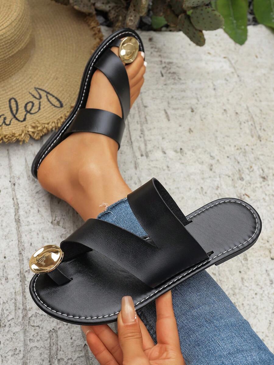 Women's Fashion Flat Sandals, Lightweight & Casual Plus Size Slip-On Flat Sandals, Solid Color, Versatile, Low-Top, Beach, Anti-Slip, , Simple Design, Thong Sandals, Round Toe, Vacation Sandals