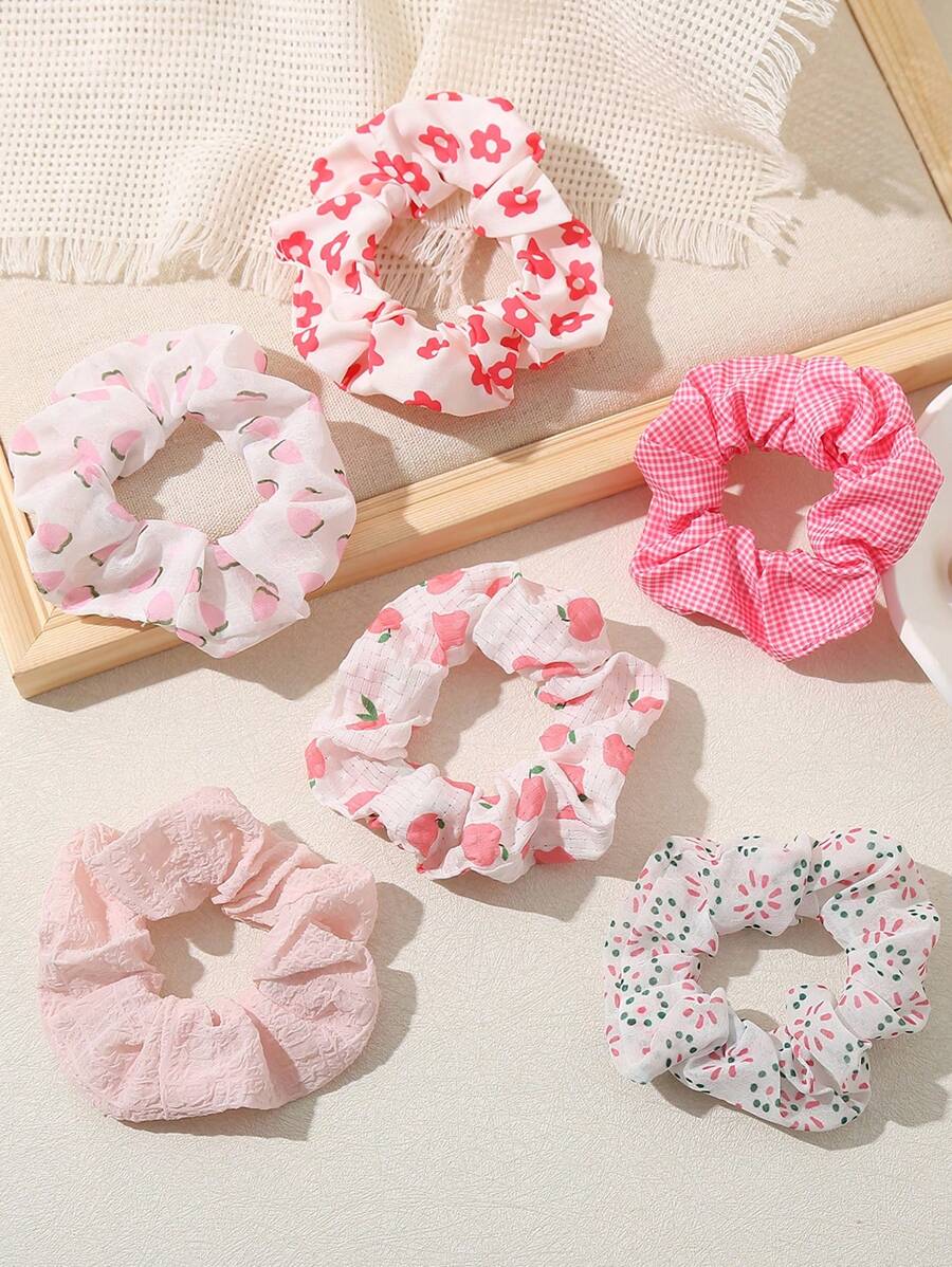 6pcs Sweet & Cute Pastel Pink Hair Scrunchies, Countryside Style Suitable For Daily Life, Vacation And Outdoor Activities