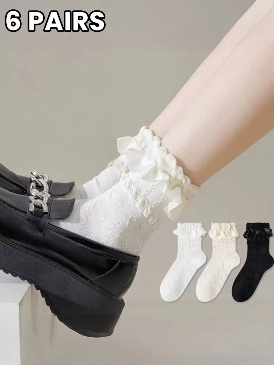 6 pares de calcetines de encaje finos de verano de color liso, calcetines de mujer de media caña simples