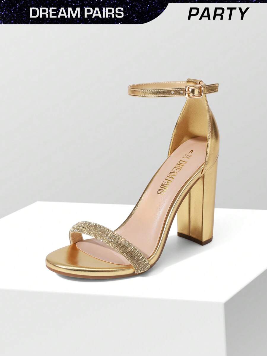 Women Rhinestone Chunky High Heeled Sandals Ankle Strap Open Toe Classic Heeled Sandals For Party Wedding Prom