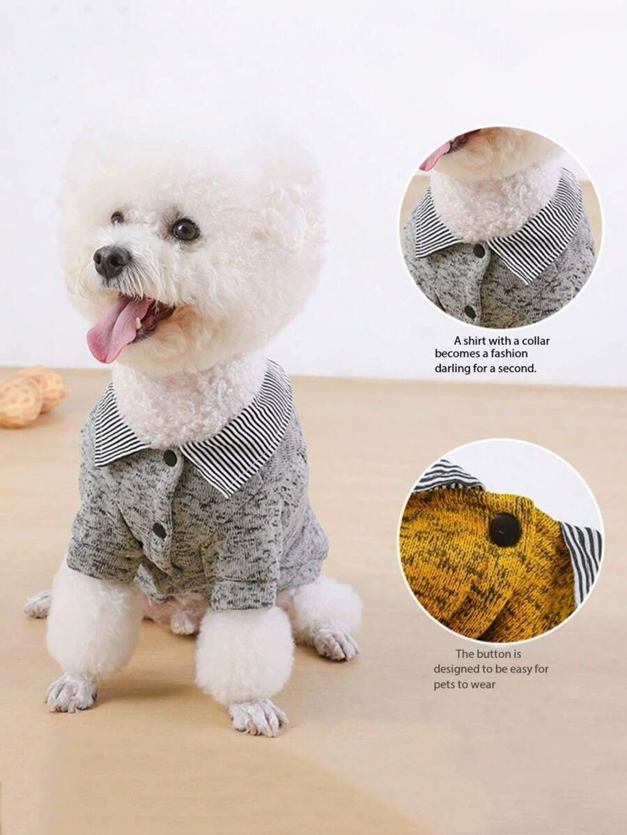 1pc Pet Cats & Dogs Spring/Summer Clothes, Korean Style Grey Fleece Thickened Shirt Collar Hoodie, Small Pet Apparel