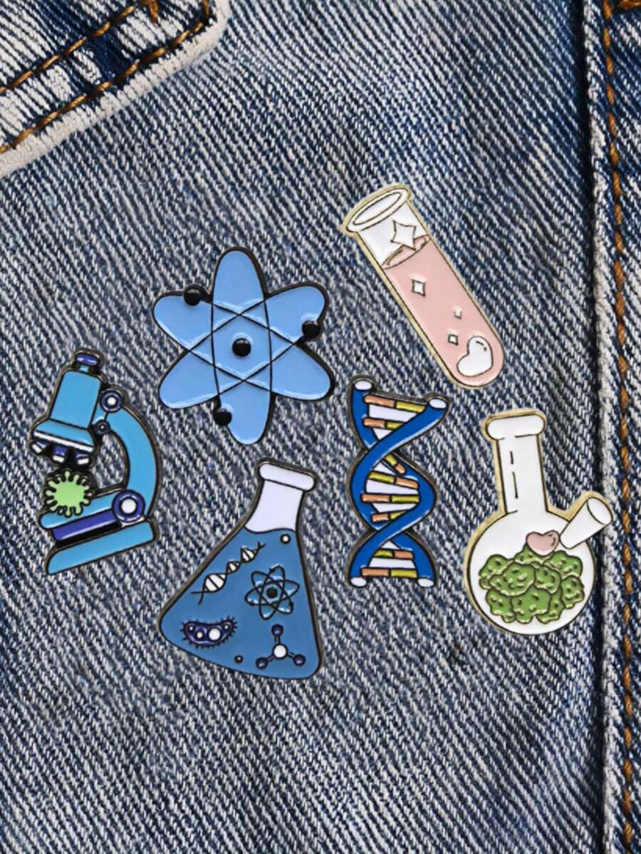6pcs Chemistry Lab Flask Brooch, Cartoon DNA Chain Microscope Badge, Daily Clothing/Bag/Hat Lapel Pin, Stylish Gift For Friends And Students, Suitable For Parties And Celebrations
