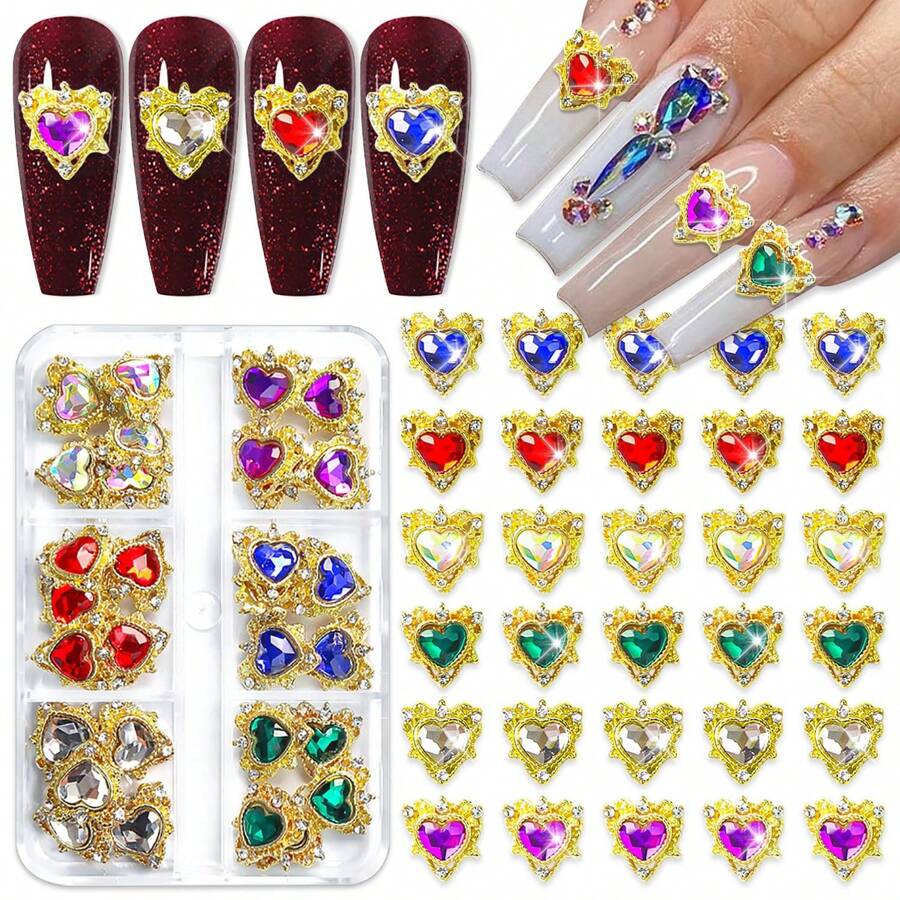 30 piezas Encantos de uñas de lujo de aleación 3D con forma de corazón, pedrería de 6 colores, piedras preciosas doradas para decoración de arte de uñas, accesorios para mujeres