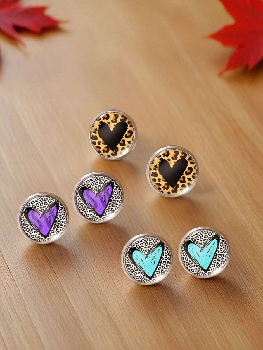 1 par de aretes tipo botón con estampado de leopardo y forma de corazón, de acero inoxidable, como regalo para el Día de la Madre