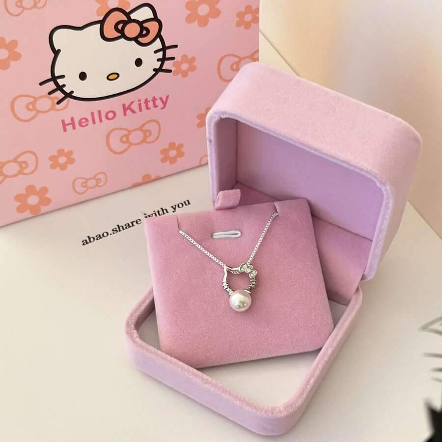 Sanrio 1pc Sanrio Brand Cultured Pearl Necklace Set With Earrings, Rhinestone Kitty Cat Pendant Necklace, Gifts For Girlfriend, Birthday, Best Friends