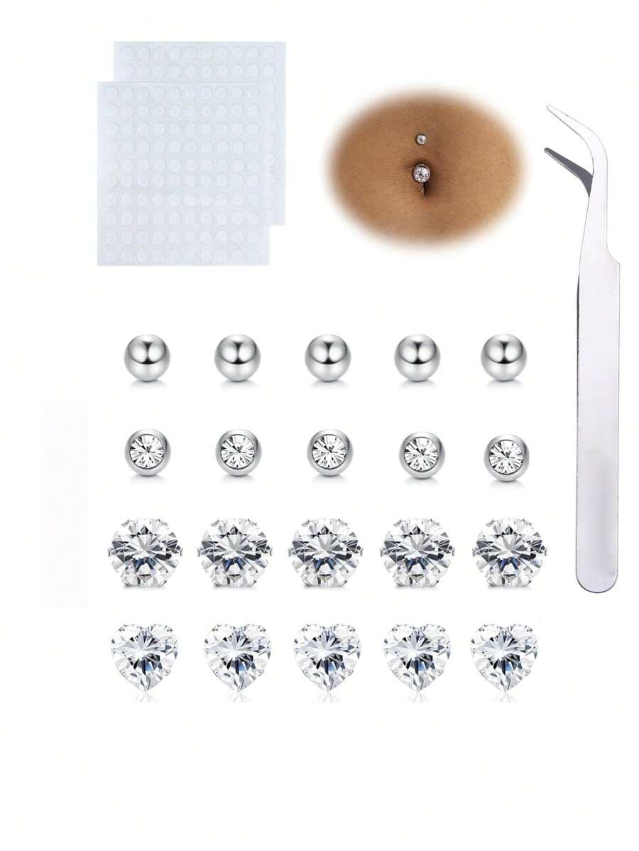 20Pcs Fake Belly Piercing Cubic Zirconia Belly Button Rings Ear Lip Eyebrow Nose Studs Fake Piercing Jewelry