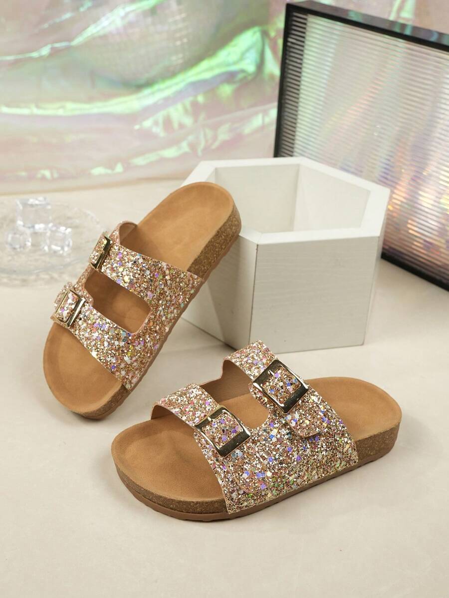 1 Pair Fashionable Sparkling Rhinestones Soft Cork Thick Sole Girls Slippers, Soft Comfortable Soles, Suitable For Kids Aged 3-15 Years Old