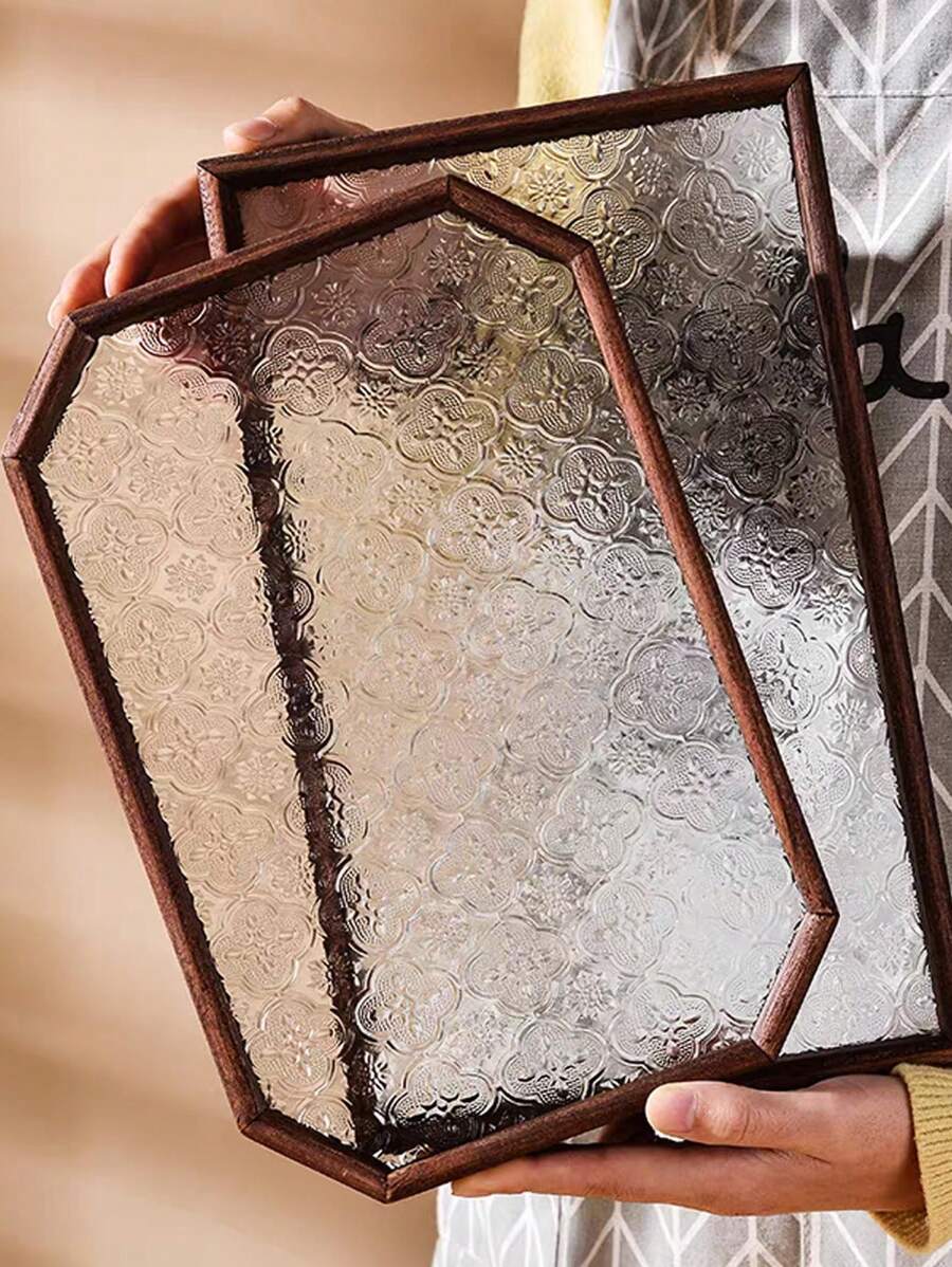 1pc Crabapple Blossom Vintage Embossed Wooden Glass Walnut Color Snack Storage Box, Rectangular Polygonal Cloisonne Tea Tray, Dessert Platter, Household Serving Tray