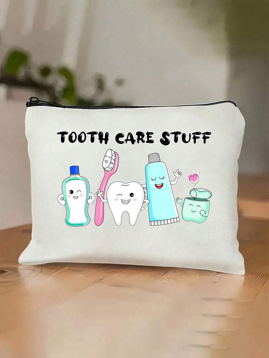 Playful Fun, Youngsters' Dental Care Travel Pouch - "Tooth Care Stuff" Canvas Case Ideal For Toothbrush, Toothpaste & More - Fun & Educational Design - Ideal For Boys & Girls, Adult Office Gift Back To School Supplies