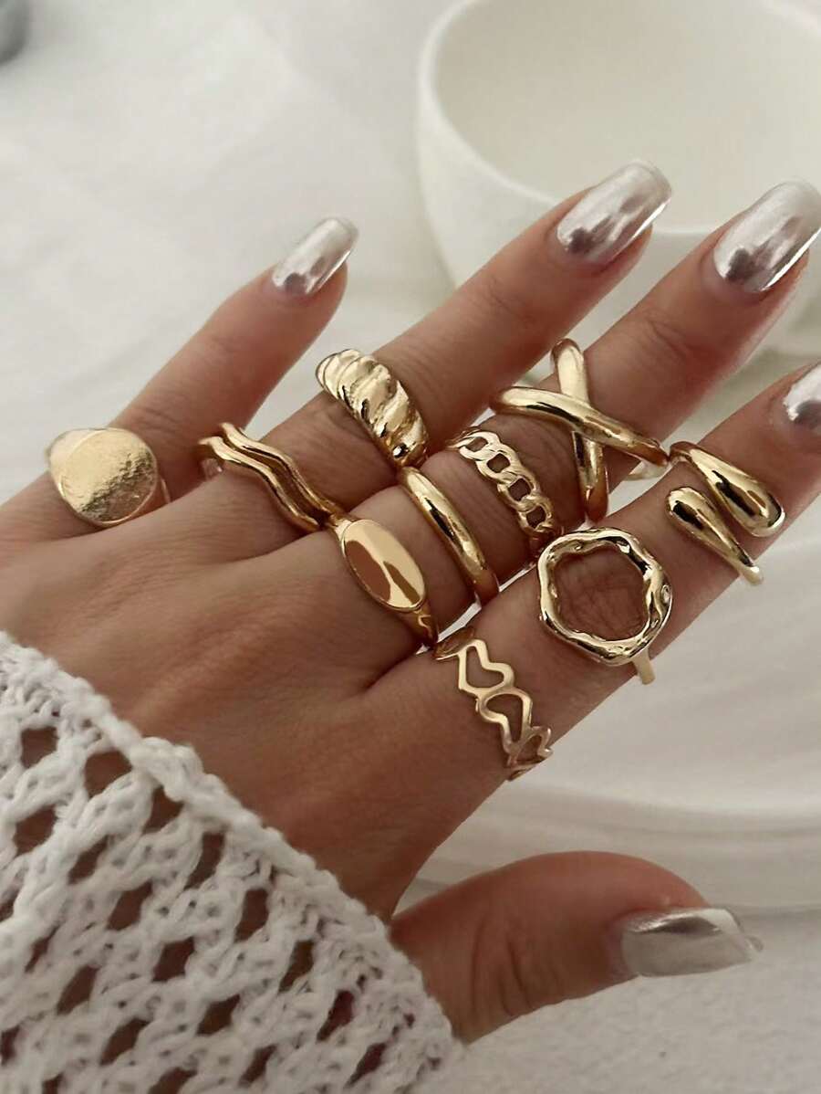 10 pièces/set Ensemble de bagues à articulation géométrique exagérée ouverte et réglable pour femmes
