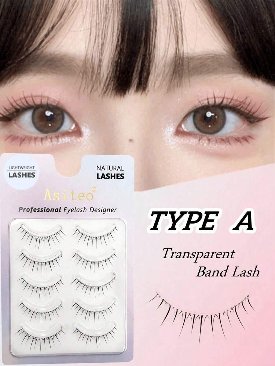 Asiteo Fairy 5 Pairs Air Lash New A-Type False Eyelashes Transparent Stem Manga False Lashes(Random Shipment Of Packaging)