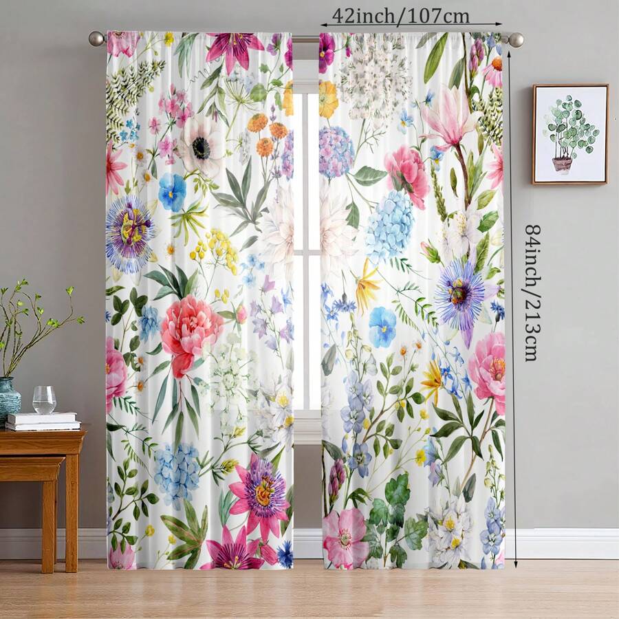 2 pièces Ensemble de rideaux à imprimé floral numérique romantique, conception pratique à passant pour la décoration de la pièce/chambre à coucher, résistant à la décoloration, usage universel