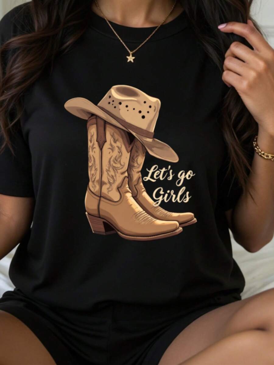 Camiseta de manga corta y ajuste regular con estampado de botas del oeste para mujer, ideal para primavera/verano