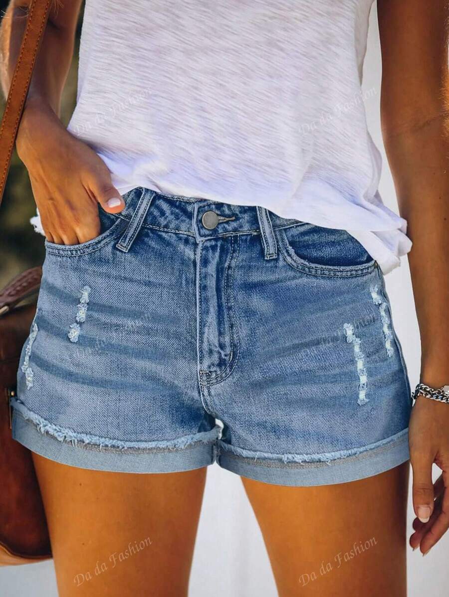 Pantaloni scurti din denim casual, eleganti, cu buzunar frontal cu nasturi