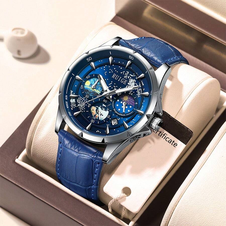 RUIG Relógio Casual Quartz Masculino RUIGE, Couro PU Multifuncional Cronógrafo, Exibição de Fase da Lua, Luz Noturna, Relógio Presente Masculino
