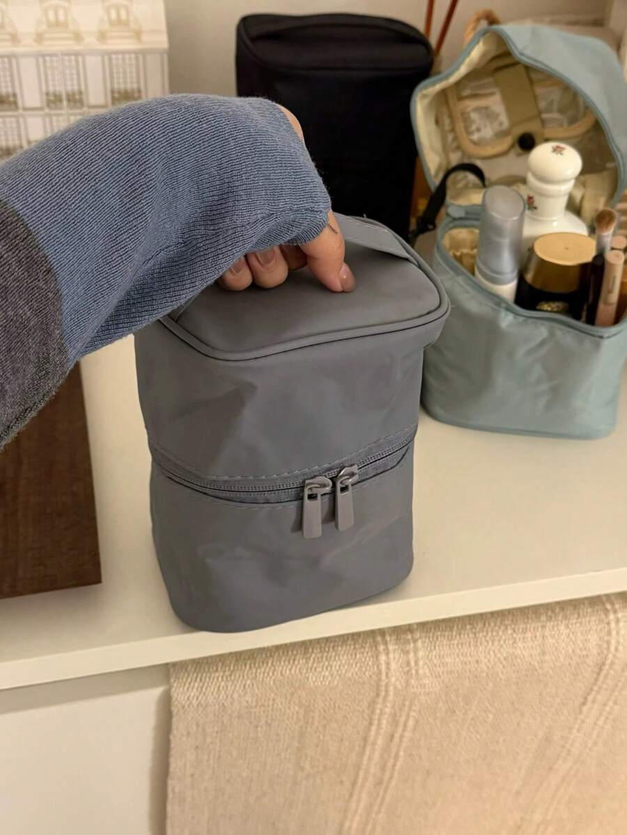 Sac de maquillage à fermeture éclair de couleur unie, trousse de toilette cylindrique pour le rangement, unisexe pour la maison, les voyages et l'utilisation quotidienne