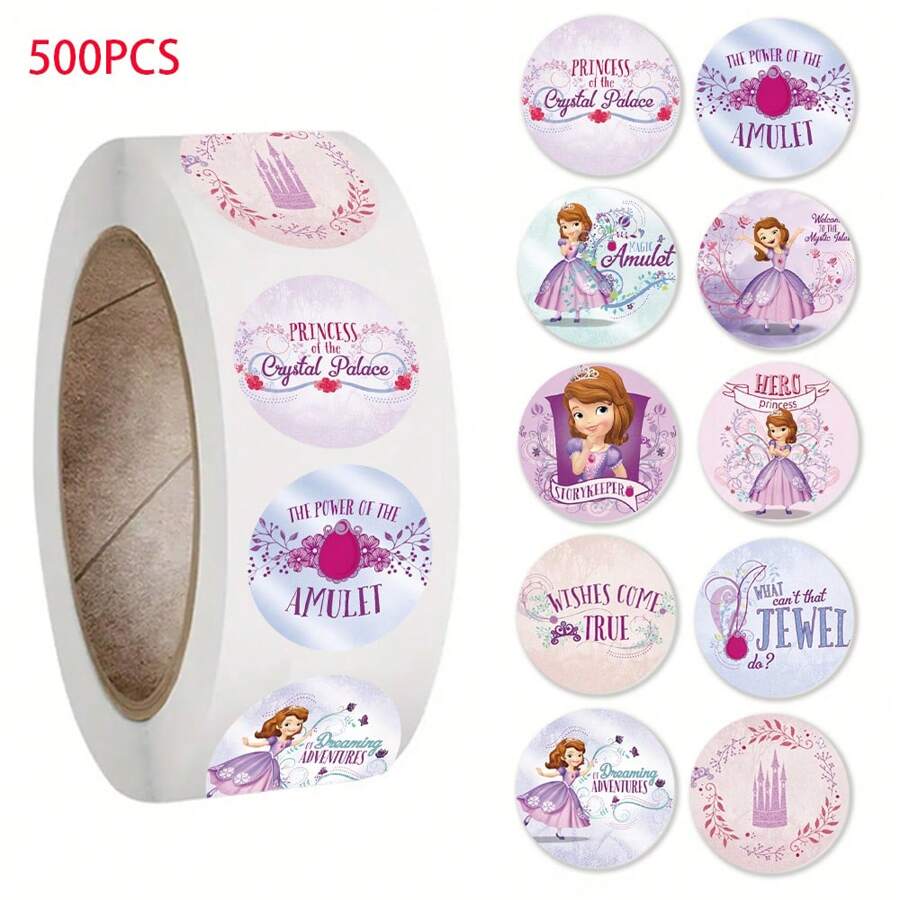 Disney 500 Sheets/Roll Disney Princess Sofia Fun Cartoon Exquisite Roll Stickers Self-Adhesive Water Cup Skateboard Notebook Creative Sealing Tape Stickers