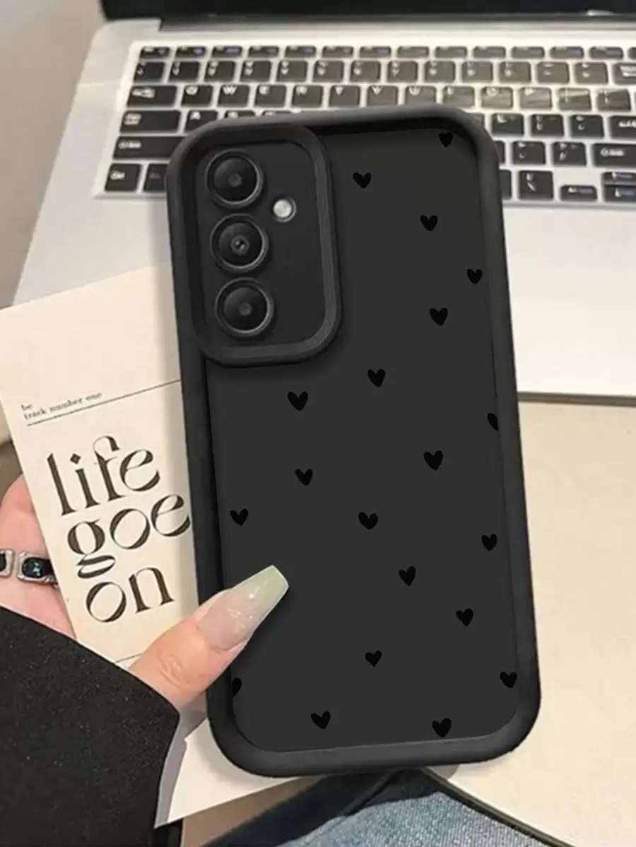 New High-End Embossed Texture Thick Shockproof Black Heart Painting Phone Case Cover Compatible With Iphone 16/16Pro/16Plus/16ProMax/15ProMax, Apple P13, P14, P11, P16 Soft Shell, P12, XS/XR/7/8, P7/8G ES2, Galaxy S25