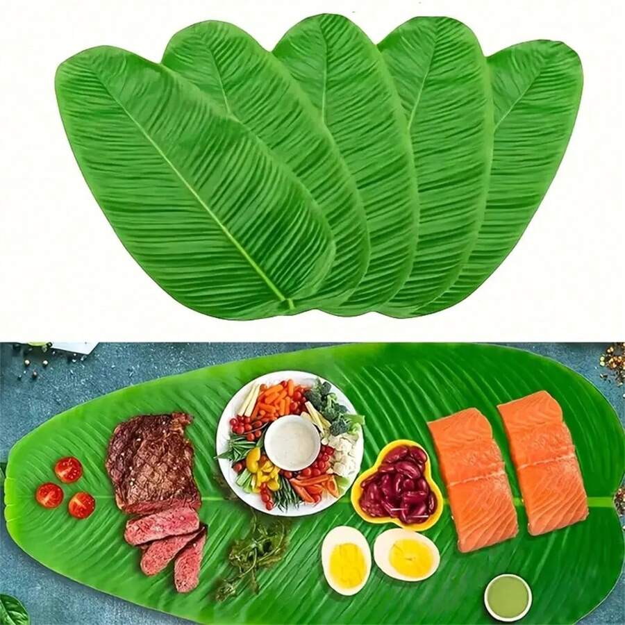 Set de 5 hojas de plátano falsas, plantas tropicales verdes sintéticas para acampar en Hawái, fiestas en la playa, reuniones en el hogar, bodas y decoración de mesa de cocina, siempre verdes