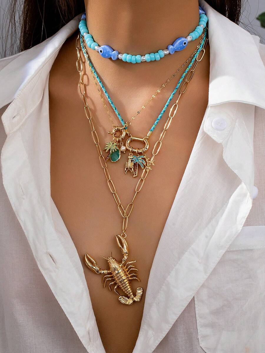 1pc Bohemian Summer Beach Palm Tree Pendant Necklace, Handmade Lobster Clasp Boho Vacation Jewelry Accessories (Shape And Color Have Random Variation)