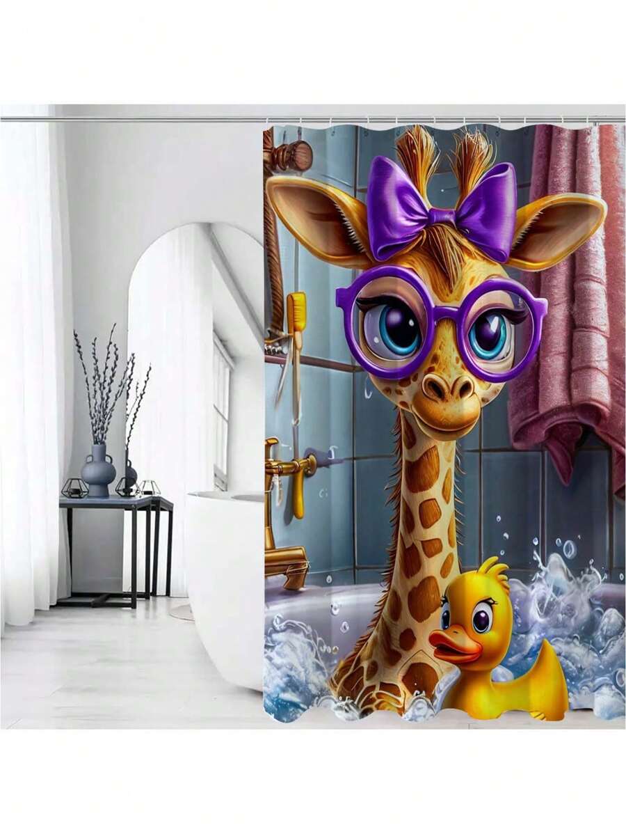 1 Peça Cortina de Chuveiro Cartoon Girafa e Banho de Bolha, Design de Papel de Parede Tropical com Patinhos Amarelos, Decoração Divertida para Banheiro, Inclui 12 Ganchos De Volta às Aulas