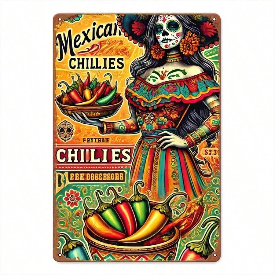 Vintage Mexican Chili Skull Metal Sign - 20.32x30.48cm Retro Wall Art, Indoor/Outdoor Decorative Plaque, Perfect For Room Decor Gifts Birthday Graduation