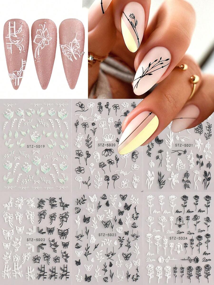 FULL BEAUTY 5D Zwart Wit Bloem Blad Nail Art Stickers 5D Geëmbosseerde Zelfklevende Acryl Decals, Kant Vlinder 3D Bloemen Bloeiende Lente Nail Art Decals DIY Zelfklevende Nail Art Decoraties Manicure