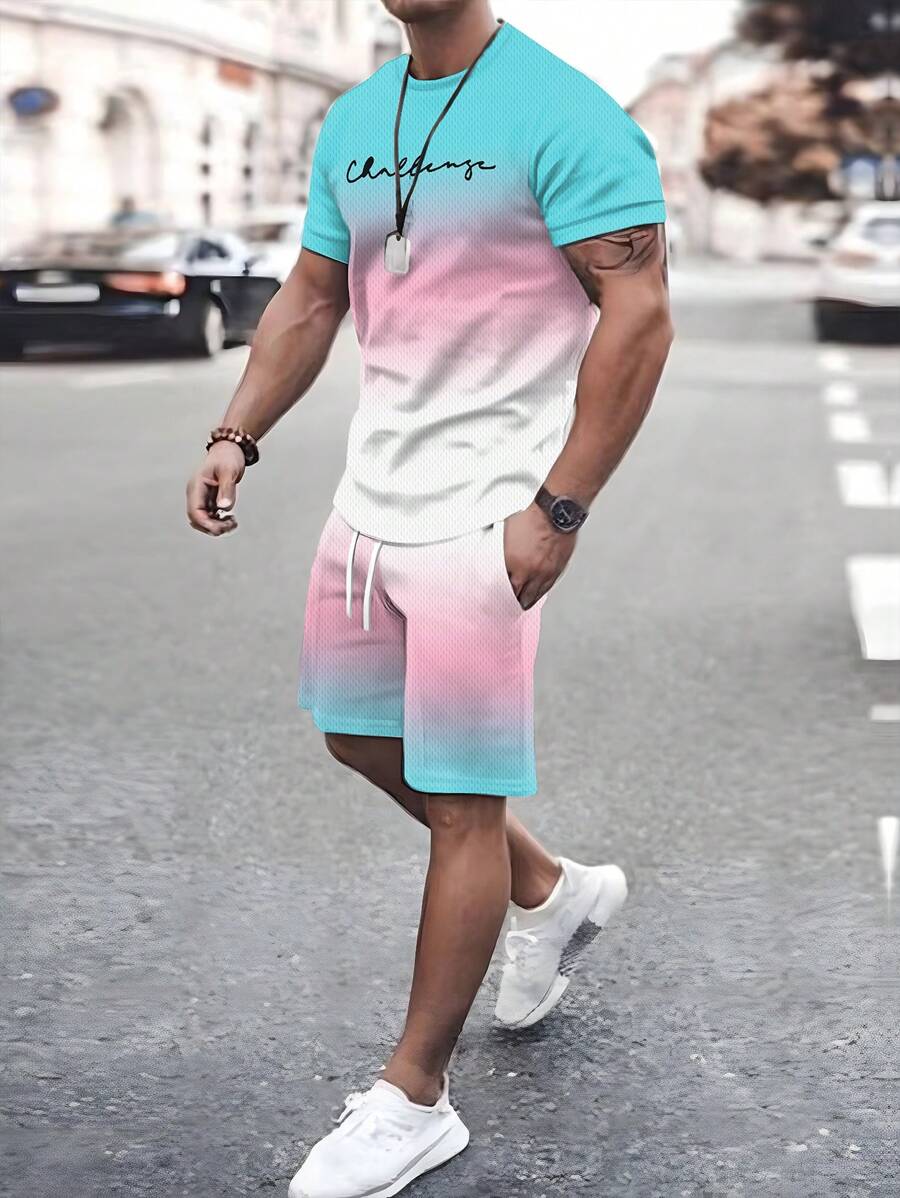 Set de 2 piezas de traje casual de verano para hombres, camiseta de cuello redondo de manga corta con bloques de color y conjunto de pantalones cortos con cordón, pantalones cortos de playa, conjunto de entrenamiento, tallas grandes