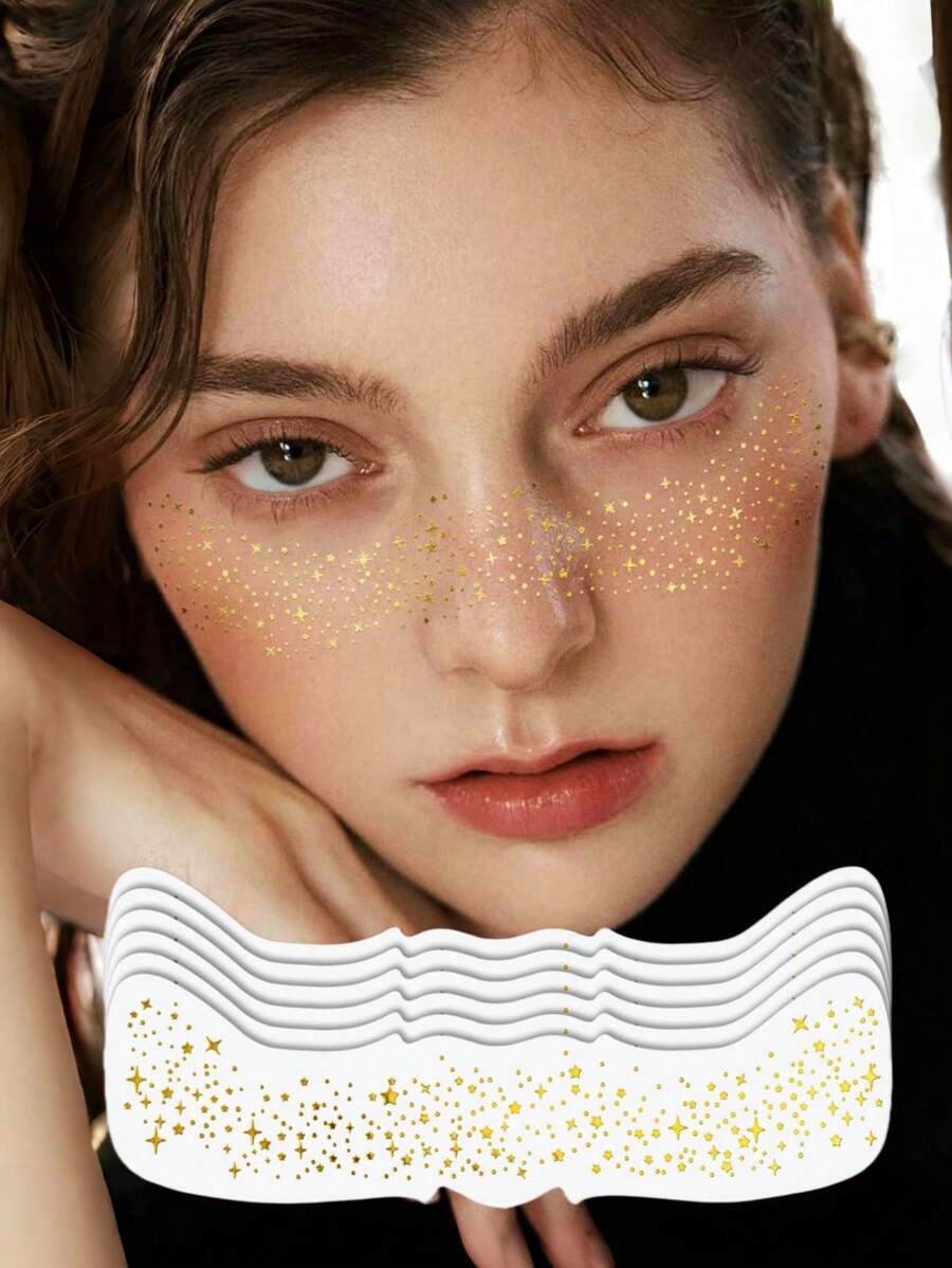 6 Sheets Gold Freckles Temporary Face Tattoos, Glitter Freckles, Sparkle Freckles, Waterproof Gold Face Makeup Freckle Tattoo, Holiday Party For Women Girls