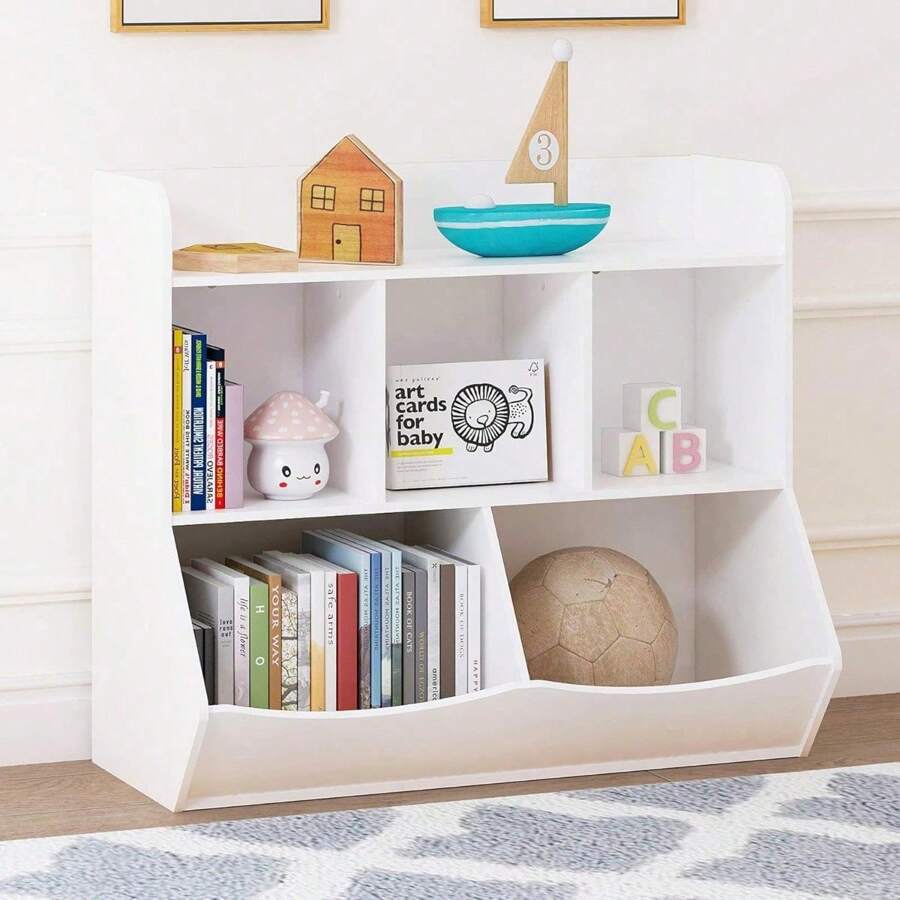 Toy Storage Organizer With Bookcase, Kid's Multi Shelf Cubby For Books,Toys, Storage Organizer For Boys,Girls Play Room/Bedroom-White
