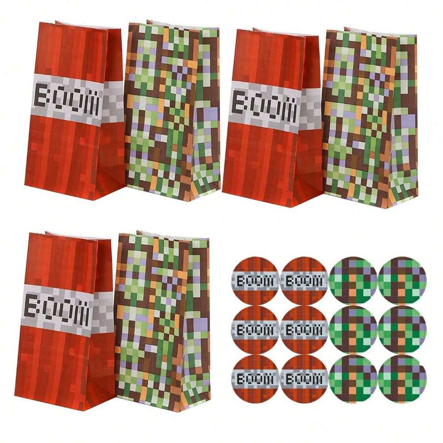 24pcs/Set, 12 Gift Bags + 12 Stickers, Pixel Gift Bags, Suitable For Birthday Party And Holiday Celebration