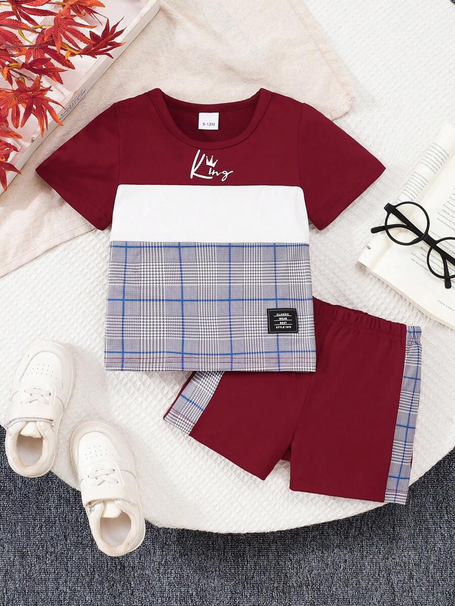 2 stuks babyjongen effen kleur dun gebreide korte mouwen top & shorts set, casual minimalistische lente/zomer outfit
