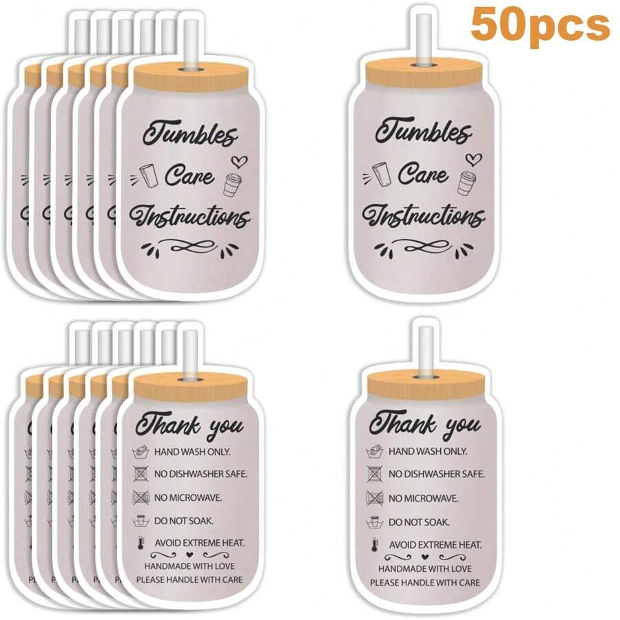 50pcs/Pack, Tumbler Care Instruction Cards, Thank You Cards Suitable For Small Businesses, Handmade Glasses, Mugs, Online Shops, Cup Stores Packaging Inserts, Artistic Design Cards,Back To School,School Supplies