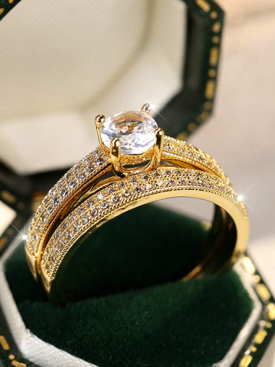 2 piezas Anillos de piedra oval de novia de lujo, juego de joyas de anillos de compromiso y boda de color negro dorado con circonita cúbica blanca (la caja de anillo es solo un accesorio para fotografía)